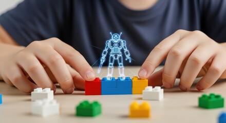 Childs hands building a robot toy with colorful building blocks on a table