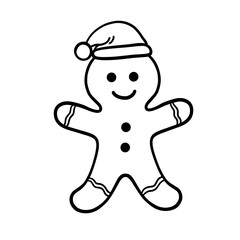 Ginger bread cookie man in a Santa Claus Hat. Vector gingerbread man illustration. Christmas cookie coloring page, simple design.