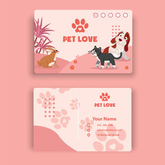 Pet love business card design with cute cartoon animals including a dog, cat, and rabbit illustration