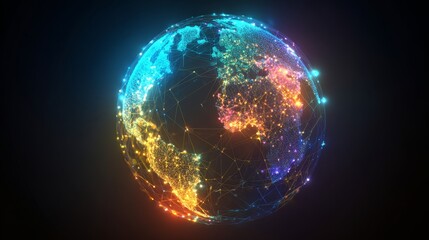 Vibrant globe with neon data lines and glowing points showing global connectivity, digital networks, and communication across continents, representing technology, innovation, and futuristic ideas