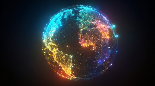 Vibrant globe with neon data lines and glowing points showing global connectivity, digital networks, and communication across continents, representing technology, innovation, and futuristic ideas - Powered by Adobe