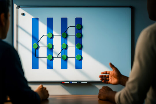 Business meeting with a process diagram on a modern whiteboard.