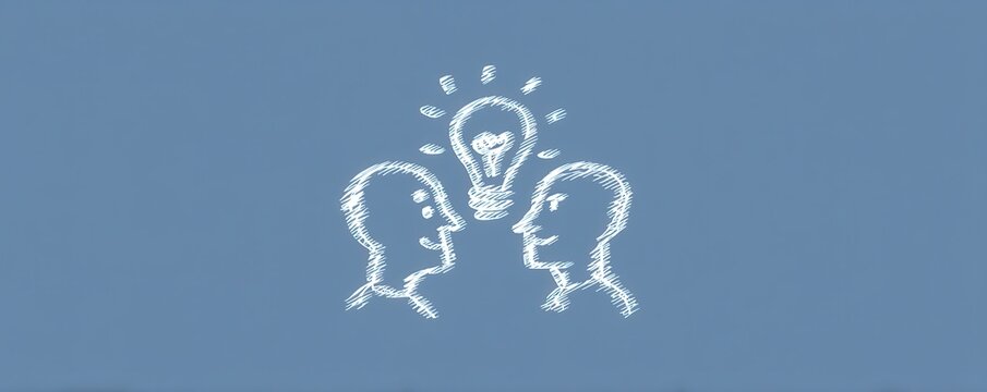 Two people share ideas in a chalk sketch light bulb illustration representing collaboration and creativity