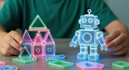 Child s hands building a glowing magnetic tile castle and robot toy