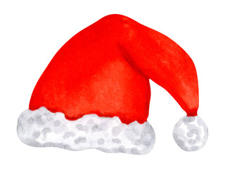 Santa hat. Red hat with soft, fluffy white trim and a pom-pom. Watercolor illustration. Hand-drawn isolated art. Suitable for cards, packaging and Christmas projects. Happy New Year