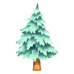 Turquoise stylized Christmas tree. Watercolor and marker illustration. Hand drawn isolated art. Coniferous tree for cards, packaging decor and holiday projects. Happy New Year 2026