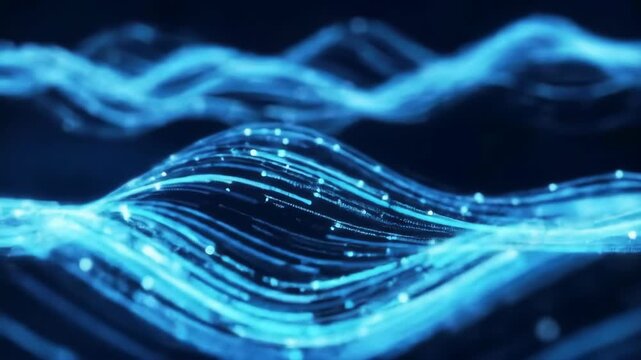 Abstract futuristic background with glowing blue digital light waves and particles representing data streaming and network connection - Powered by Adobe