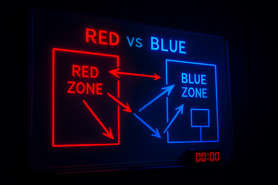 Red vs Blue neon light diagram on a strategy scoreboard - Powered by Adobe