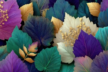 Colorful abstract leaves in rich jewel tones create a vibrant, decorative scene