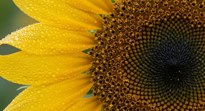 Close-up of a vibrant sunflower with water droplets on its petals. - Powered by Adobe