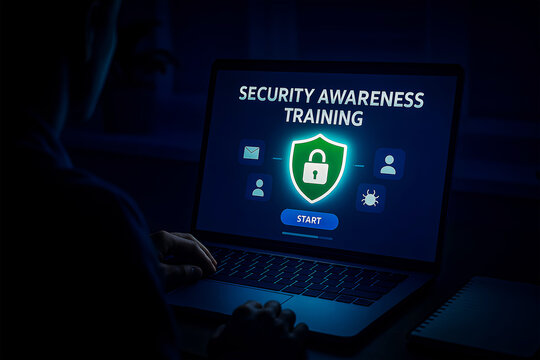Security awareness training course on laptop in dark room - Powered by Adobe