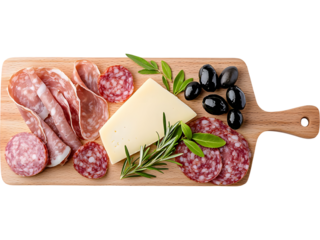Charcuterie board with cheese and salami isolated on transparent background. Ideal for food and gourmet design.