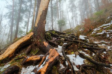 Detailed view of exposed tree roots on a forest slope in winter. Misty atmosphere, patches of snow, and rugged terrain create a dramatic and moody natural scene full of texture and depth.