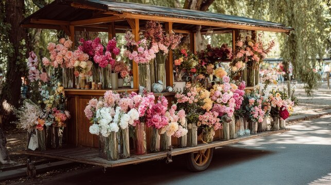 Colorful blooms on a cart