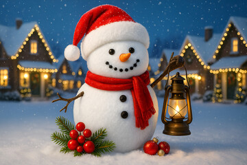 Cheerful snowman wearing a santa hat and scarf holding an old lantern in a cozy snowy christmas village at night