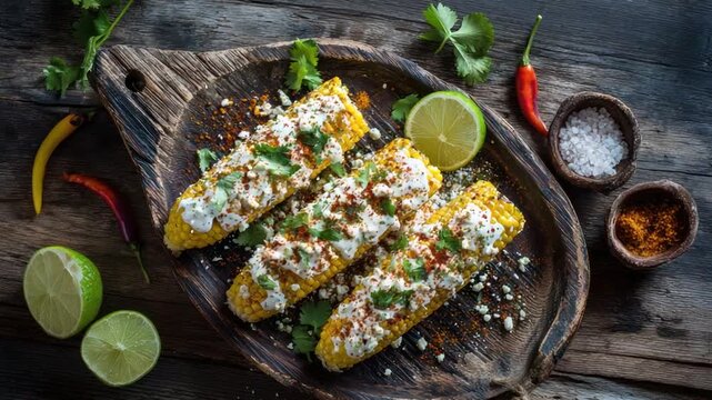 Close-up of grilled corn on the cob, with toppings, arranged on a wooden platter with ingredients