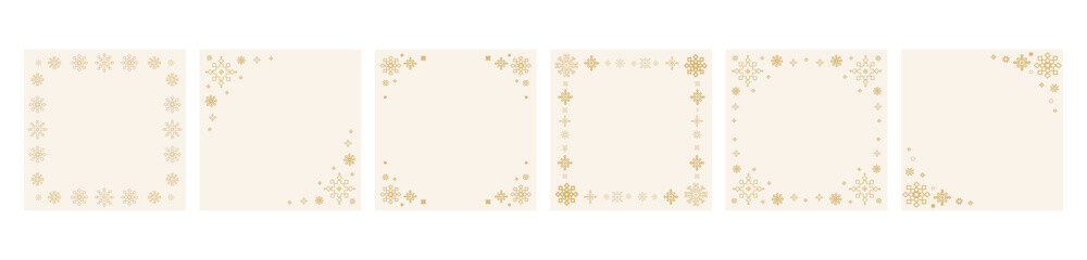 Minimalist square gold snowflake frames with corner and border decorations for Christmas cards, holiday packaging, seasonal invitations, social media graphics, winter themed design.Vector illustration