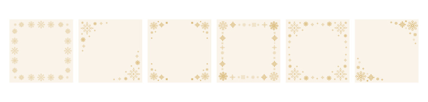 Minimalist square gold snowflake frames with corner and border decorations for Christmas cards, holiday packaging, seasonal invitations, social media graphics, winter themed design.Vector illustration