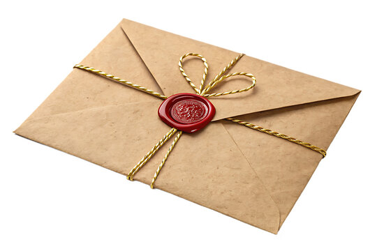 Vintage craft paper envelope with wax seal and golden twine. Antique letter or invitation tied with a rope for old-fashioned message design. Isolated on transparent background, png