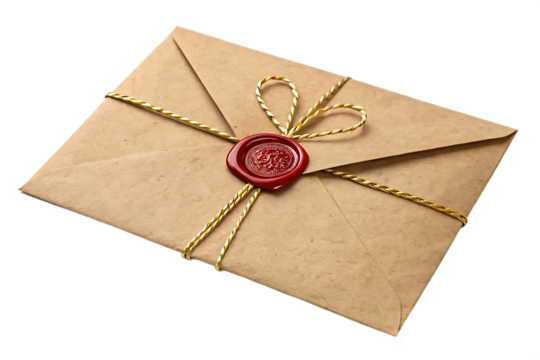 Vintage craft paper envelope with wax seal and golden twine. Antique letter or invitation tied with a rope for old-fashioned message design. Isolated on transparent background, png - Powered by Adobe