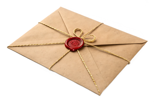 Vintage craft paper envelope with wax seal and golden twine. Antique letter or invitation tied with a rope for old-fashioned message design. Isolated on transparent background, png