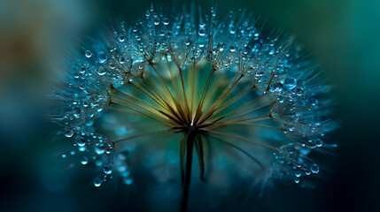 A dandelion seed head with dew drops, macro photography, symmetrical composition, delicate background, green and blue tones