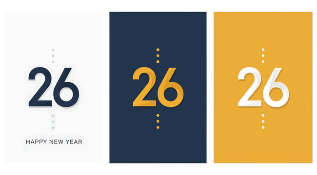 Three different designs of the number 26 in different colors and backgrounds, with dots above and below the number, representing a celebration or anniversary