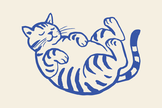Rolling striped cat hand drawn doodle vector illustration