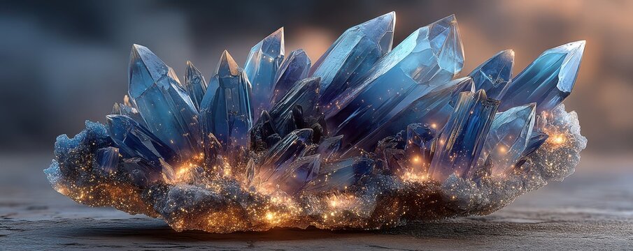 Blue crystal cluster with glowing gold sparks on a dark surface, a stunning gemstone landscape - Powered by Adobe