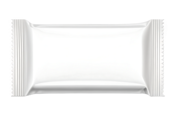 Blank white rectangular foil packet mockup for candy, biscuit, or small snack. Sealed flow pack wrapper template for food product packaging design. Isolated on transparent background, png