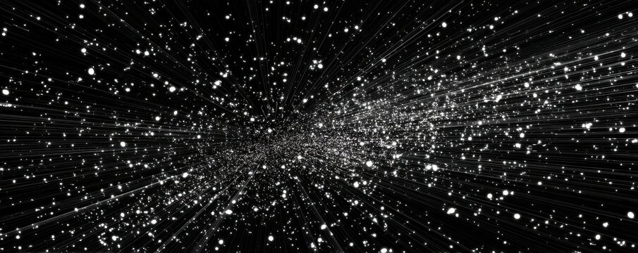Abstract starfield on black background with white dust, streaks, and cosmic sparkles