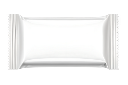 Blank white rectangular foil packet mockup for candy, biscuit, or small snack. Sealed flow pack wrapper template for food product packaging design. Isolated on transparent background, png