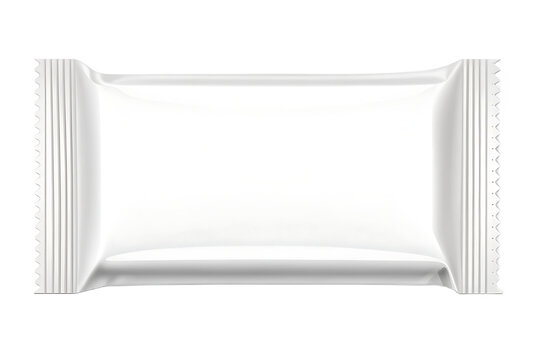 Blank white rectangular foil packet mockup for candy, biscuit, or small snack. Sealed flow pack wrapper template for food product packaging design. Isolated on transparent background, png