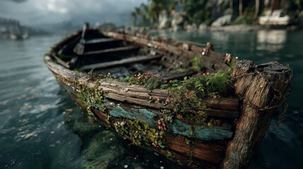 Naklejka premium Moss-Covered Wooden Boat in Overgrown Harbor