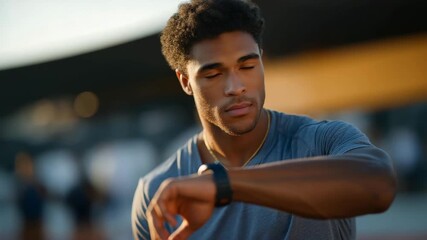Athlete checking augmented-reality dashboard from fitness wearable, emotion of motivation visible, representing health data analytics, sports technology, and biometric AI integration. cinematic - Powered by Adobe