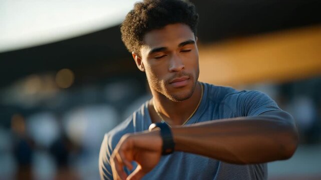 Athlete checking augmented-reality dashboard from fitness wearable, emotion of motivation visible, representing health data analytics, sports technology, and biometric AI integration. cinematic - Powered by Adobe