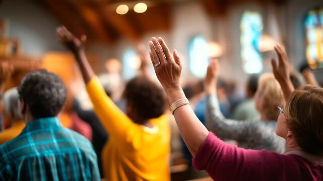 Rear view of diverse congregation standing in prayer hands lifted up colorful clothing visible faces obscured multicultural church worship mental health spiritual support den