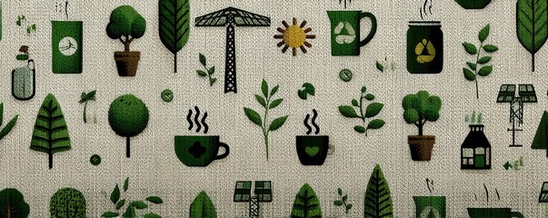 Green energy and nature icons pattern with plants, trees, cups, and industrial elements in eco design.