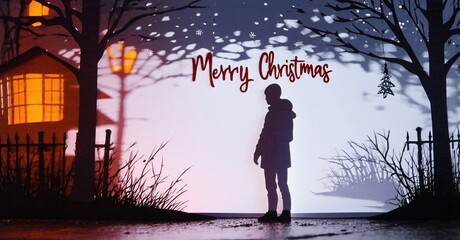 Fototapeta premium Silhouette stands before warmly lit house. Snow falls gently. Festive greeting visible, creating winter scene. Peaceful, quiet moment.