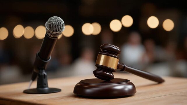 Auctioneer&rsquo;s microphone and wooden gavel resting on podium under spotlight &mdash; concept of authority, tradition, and iconic symbolism of leadership in classic auction environments. cinematic color