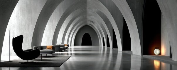 Minimalist gray architectural hallway with arched doorways, modern lounge seating, and warm lamp light