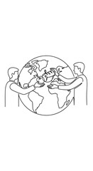 Global unity illustration featuring diverse individuals holding the earth together in a symbolic gesture of cooperation and environmental stewardship