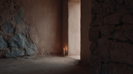 small candle flickers softly against ancient wall casting warm inviting glow