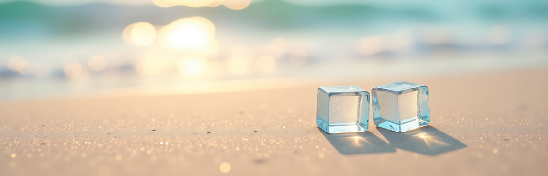 serene summer morning scene features beach backdrop intricately placed ice cubes casting delicate shadows across warm