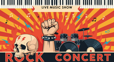 Vintage style rock concert banner illustration featuring a human skull, a raised fist, and a drum kit for a live music event flyer