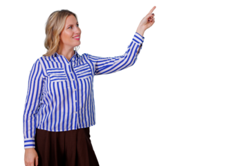 Businesswoman pointing up to new information, showing innovation and opportunity with a happy smile