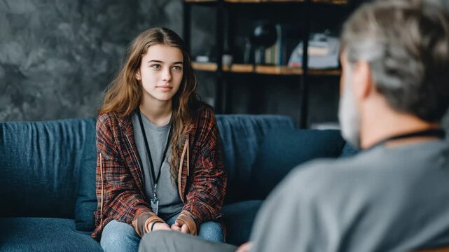 Teenager in therapy session with a counselor, discussing mental health