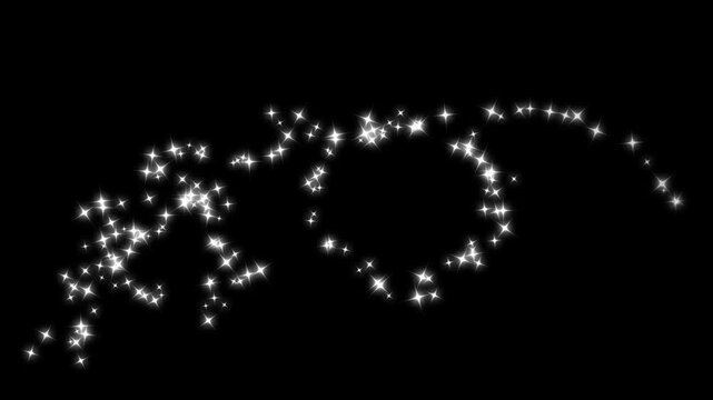 White glitter sparkles swirl into a magical spiral path on a black screen, forming a glowing circular particle motion that creates a clean fairytale-inspired animation perfect for crisp 4K scenes.