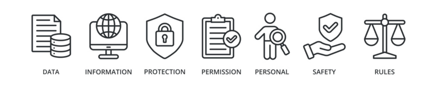 Data protection banner icon with data, information, protection, permission, personal, safety, rules