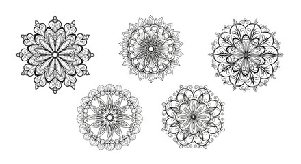 Collection of five hand drawn mandala designs